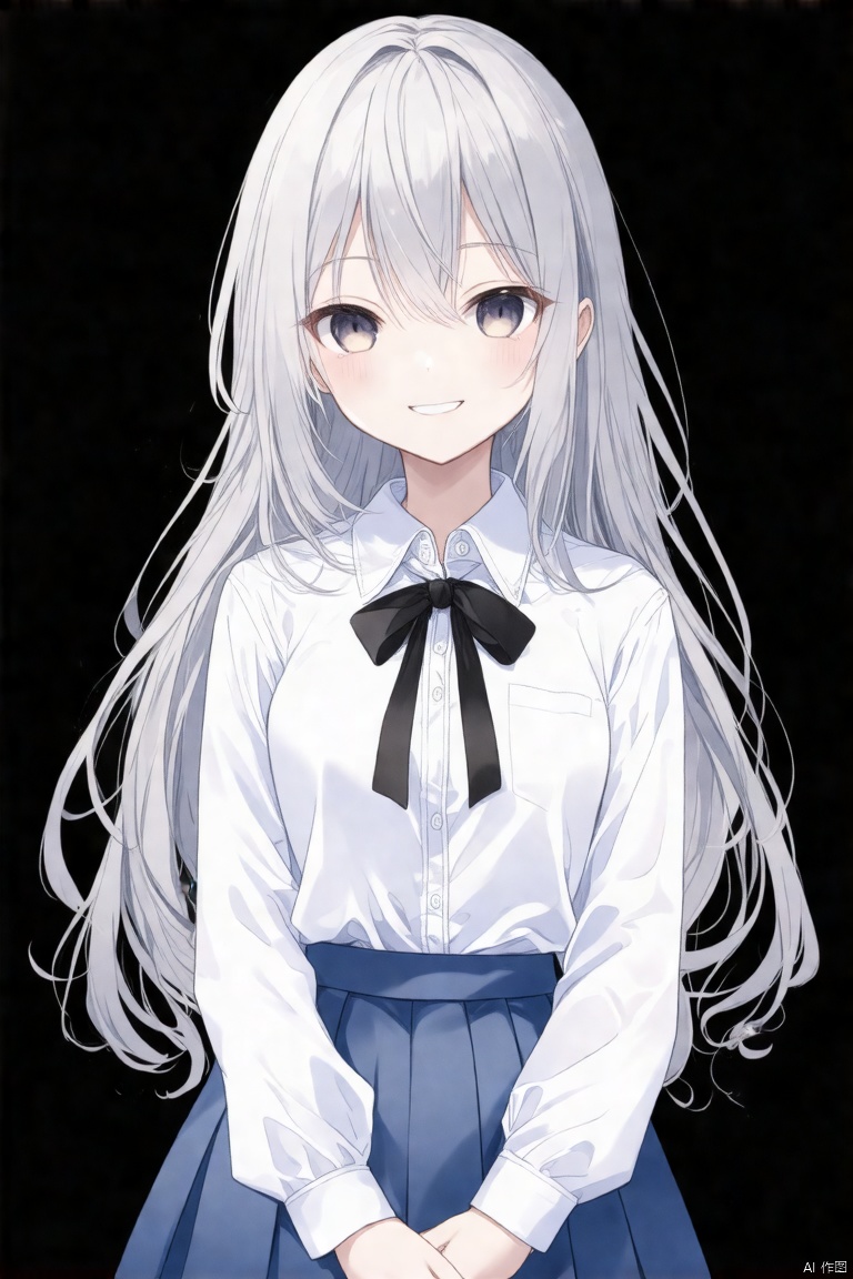 masterpiece,best quality,high quality,(colorful),loli,1girl, long hair, shirt, solo, ribbon, neck ribbon, black background, collared shirt, white shirt, looking at viewer, upper body, hair between eyes, black ribbon, closed mouth, arms at sides, white hair, blue theme, shirt tucked in, skirt, simple background, sketch, light smile, grey eyes, smile, grey hair, straight-on
