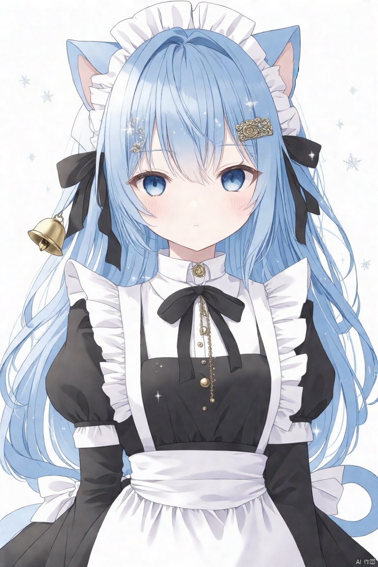 1girl, solo, long hair, looking at viewer, blush, bangs, blue eyes, simple background, hair ornament, white background, dress, bow, ribbon, animal ears, closed mouth, blue hair, frills, hairclip, cat ears, apron, black dress, collar, maid, maid headdress, sparkle, bell, detached collar, white apron, jingle bell, neck bell, maid apron, white collar,Masterpiece,Best quality,Extremely detailed