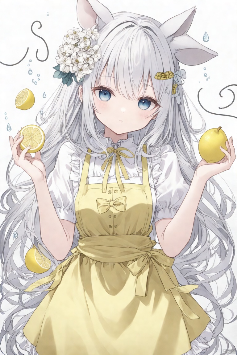 1girl, solo, long hair, looking at viewer, blush, bangs, blue eyes, simple background, hair ornament, white background, dress, bow, holding, animal ears, hair between eyes, flower, white hair, short sleeves, hair bow, grey hair, parted lips, food, hairclip, puffy sleeves, hair flower, apron, puffy short sleeves, hands up, fruit, flying sweatdrops, white flower, white apron, yellow bow, yellow dress, squiggle, lemon
