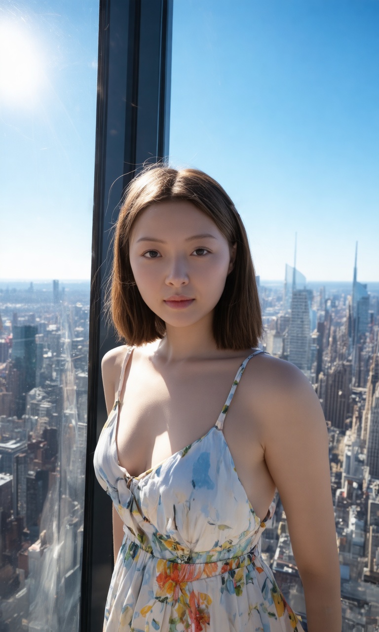 Photo of a young white woman with straight brown hair,  wearing a summer outfit,  standing at the top of The Edge in New Y...