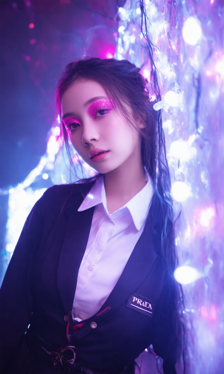 A stunning masterpiece! In a studio setting,  a 21-year-old woman dressed in a Prada school uniform and elegant makeup wit...
