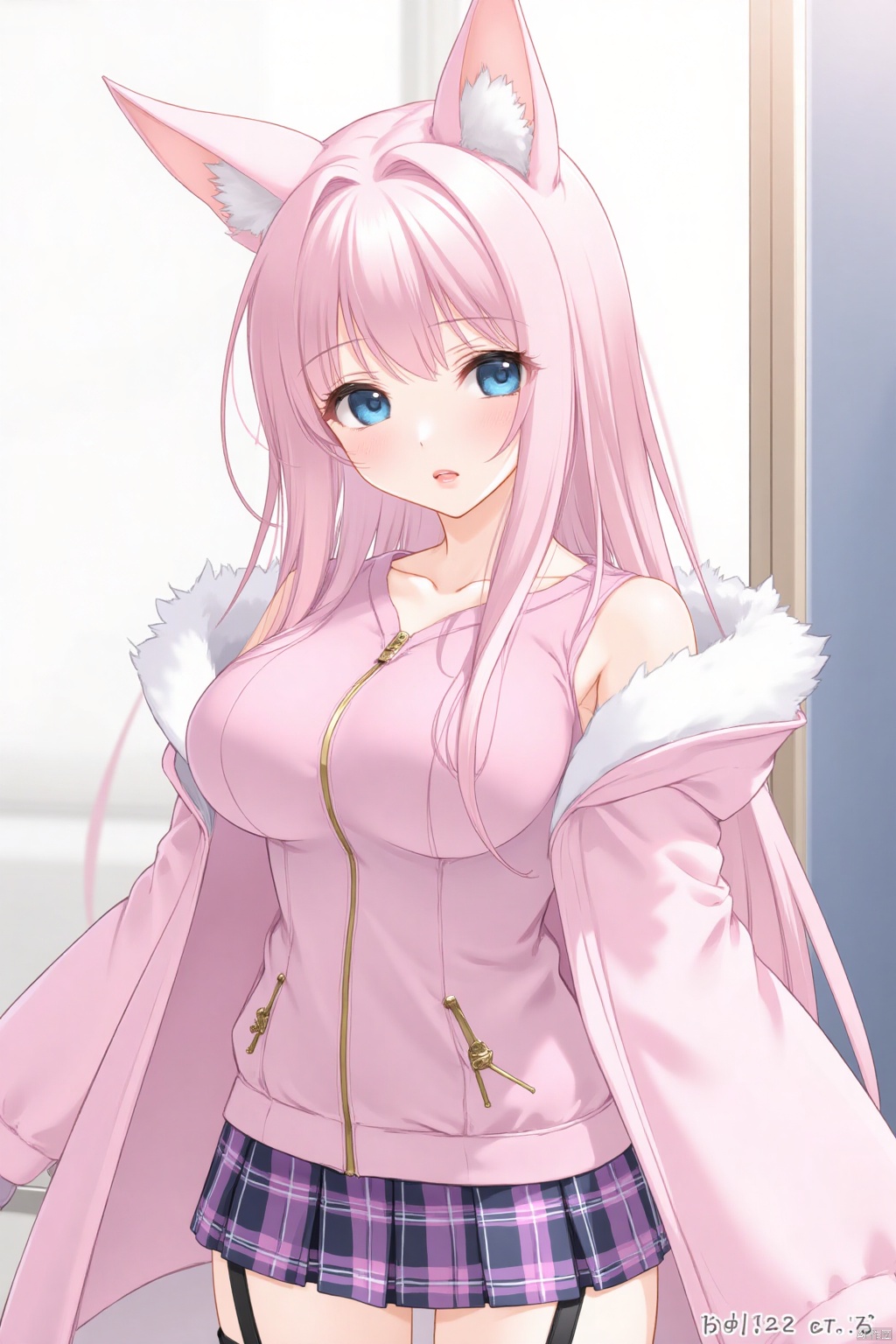 1girl, skirt, long_hair, solo, blue_eyes, purple_skirt, breasts, animal_ears, very_long_hair, thigh_strap, jacket, looking_at_viewer, virtual_youtuber, pink_hair, plaid
