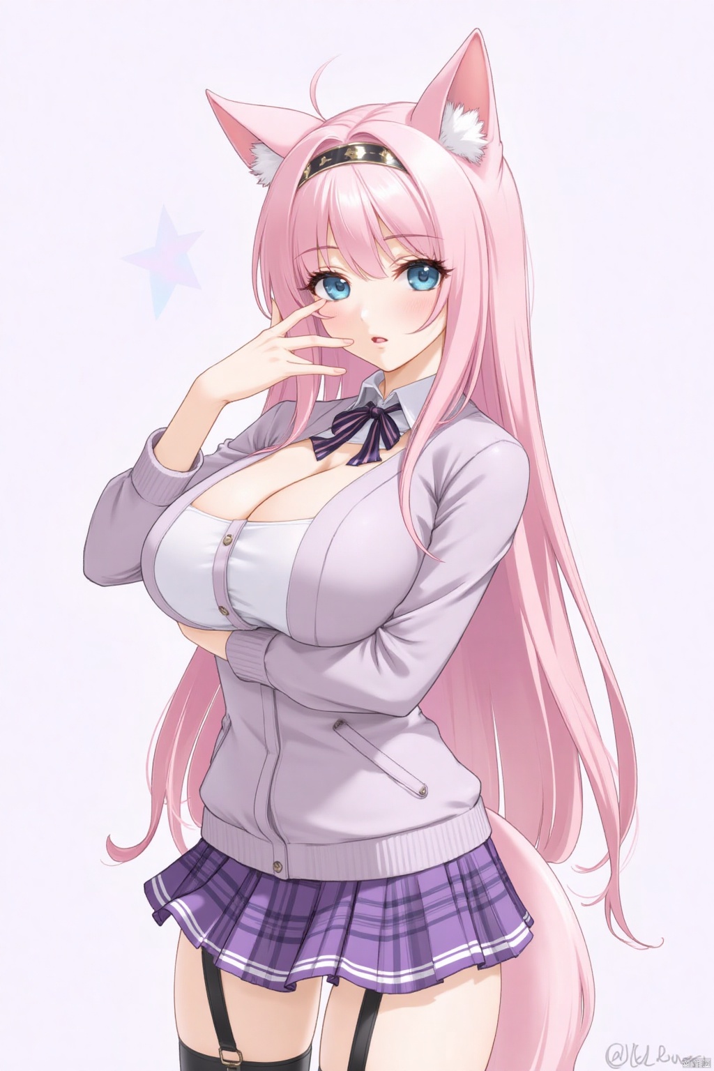 1girl, skirt, long_hair, solo, blue_eyes, purple_skirt, breasts, animal_ears, very_long_hair, thigh_strap, jacket, looking_at_viewer, virtual_youtuber, pink_hair, plaid