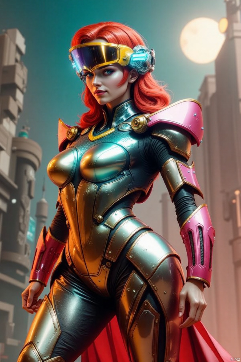 Clothing of the future,a vibrant vibrant red haired woman stands in a stunning pose. She is dressed in a shiny