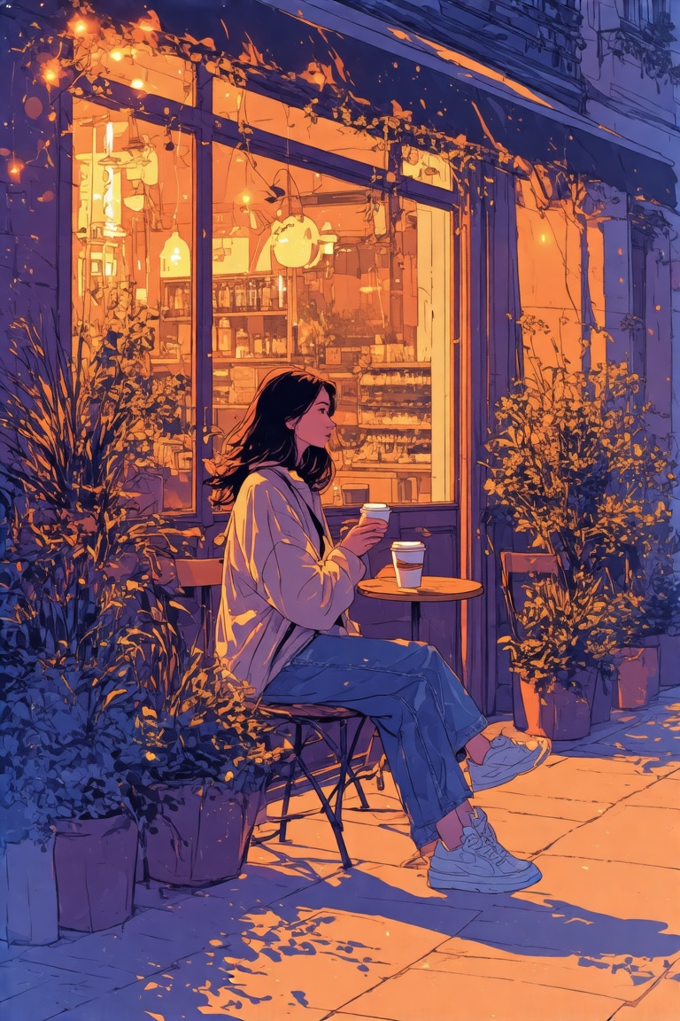 Comic-style illustration with vibrant,  dynamic lines. A woman sitting outside a coffee shop at night,  under dim on Tenso...
