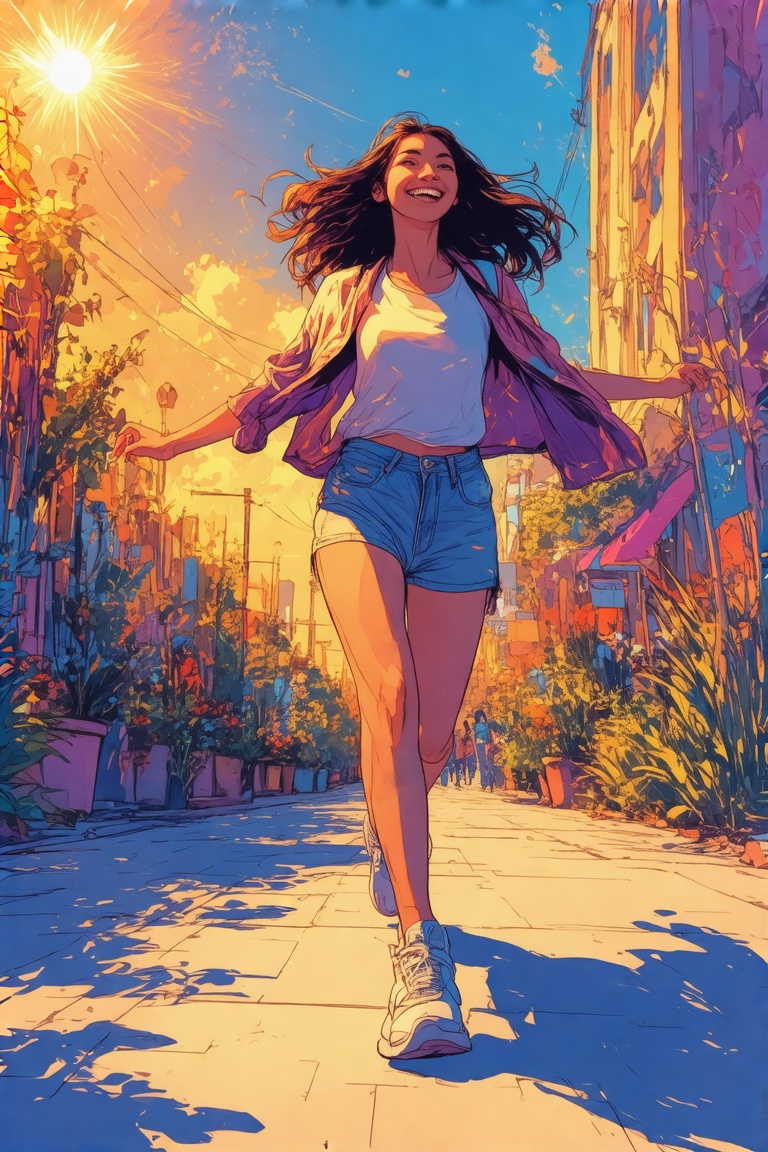 Comic-style illustration with vibrant,  dynamic lines. A woman walking happily on a bright afternoon,  dressed in casual w...