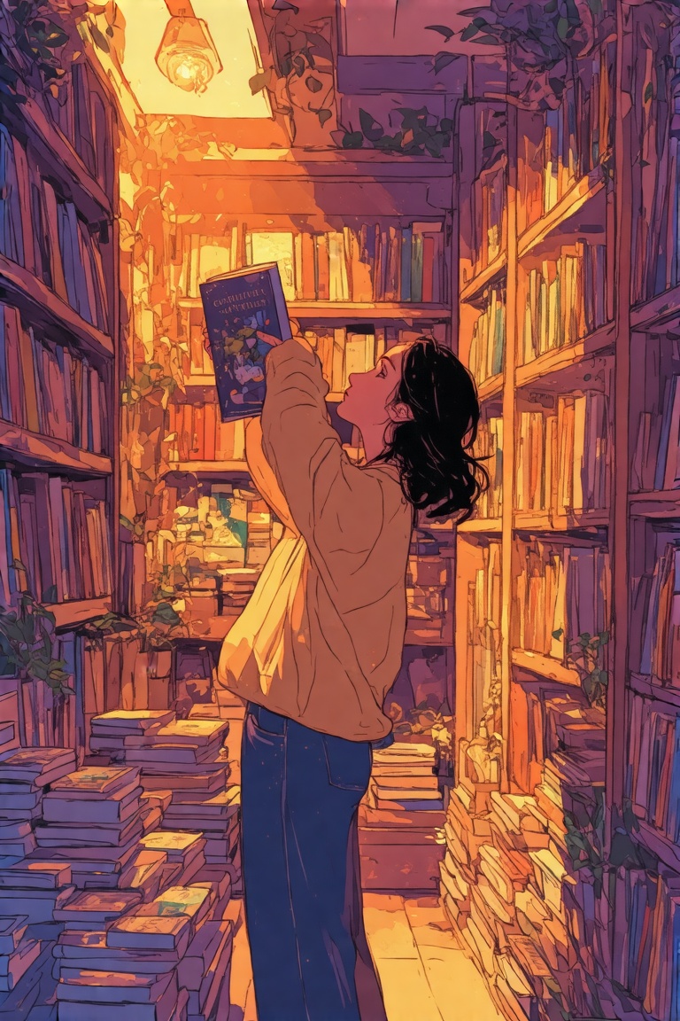 Comic-style illustration with vibrant,  dynamic lines. A woman in casual wear browsing books in a cozy bookshop. The scene...