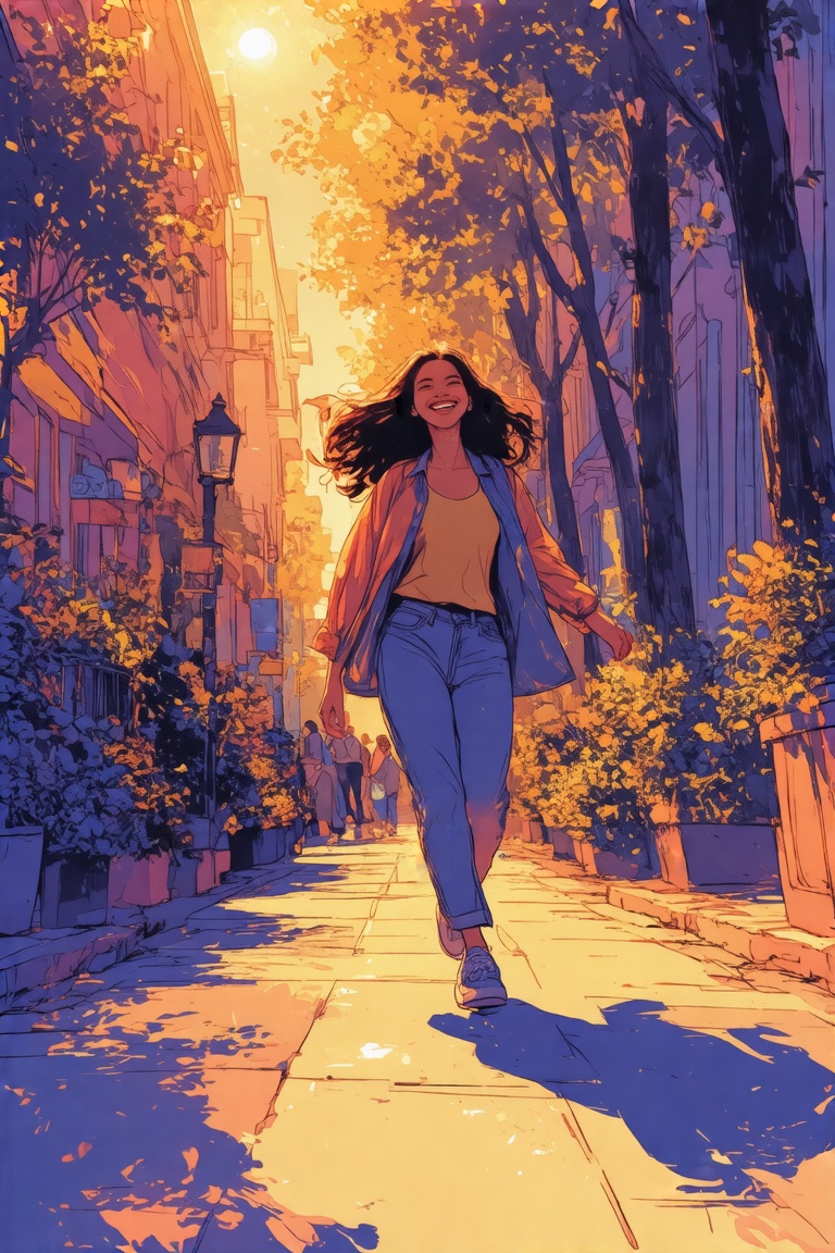 Comic-style illustration with vibrant,  dynamic lines. A woman walking happily on a bright afternoon,  dressed in casual w...