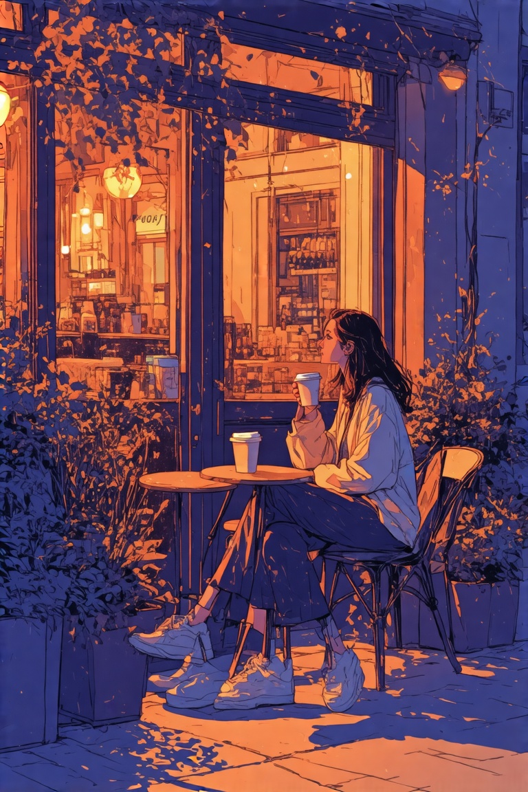 Comic-style illustration with vibrant,  dynamic lines. A woman sitting outside a coffee shop at night,  under dim on Tenso...
