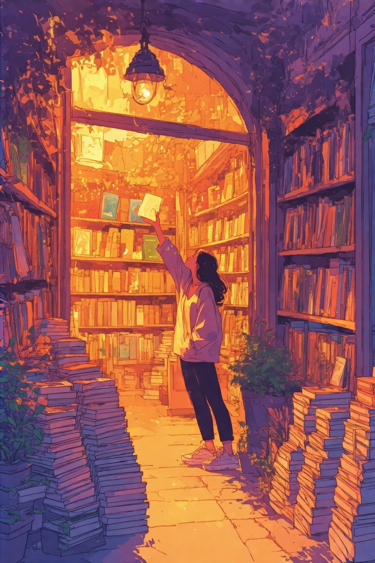 Comic-style illustration with vibrant,  dynamic lines. A woman in casual wear browsing books in a cozy bookshop. The scene...