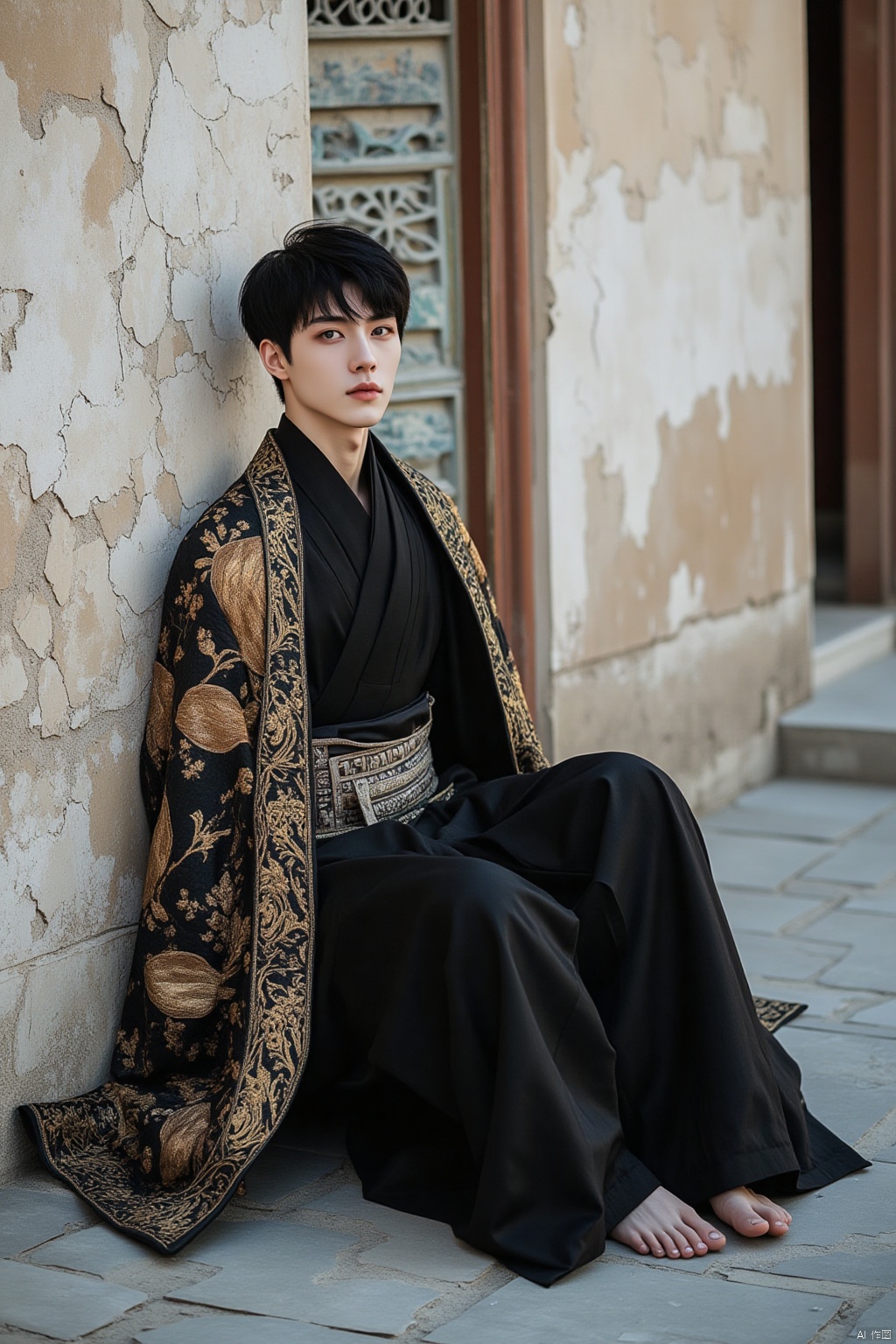 Chinoiserie outfit,a young Asian man,dressed in a black kimono,is seated against a cracked wall. His hair is short and dark,and his eyes are a piercing blue. His feet are bare