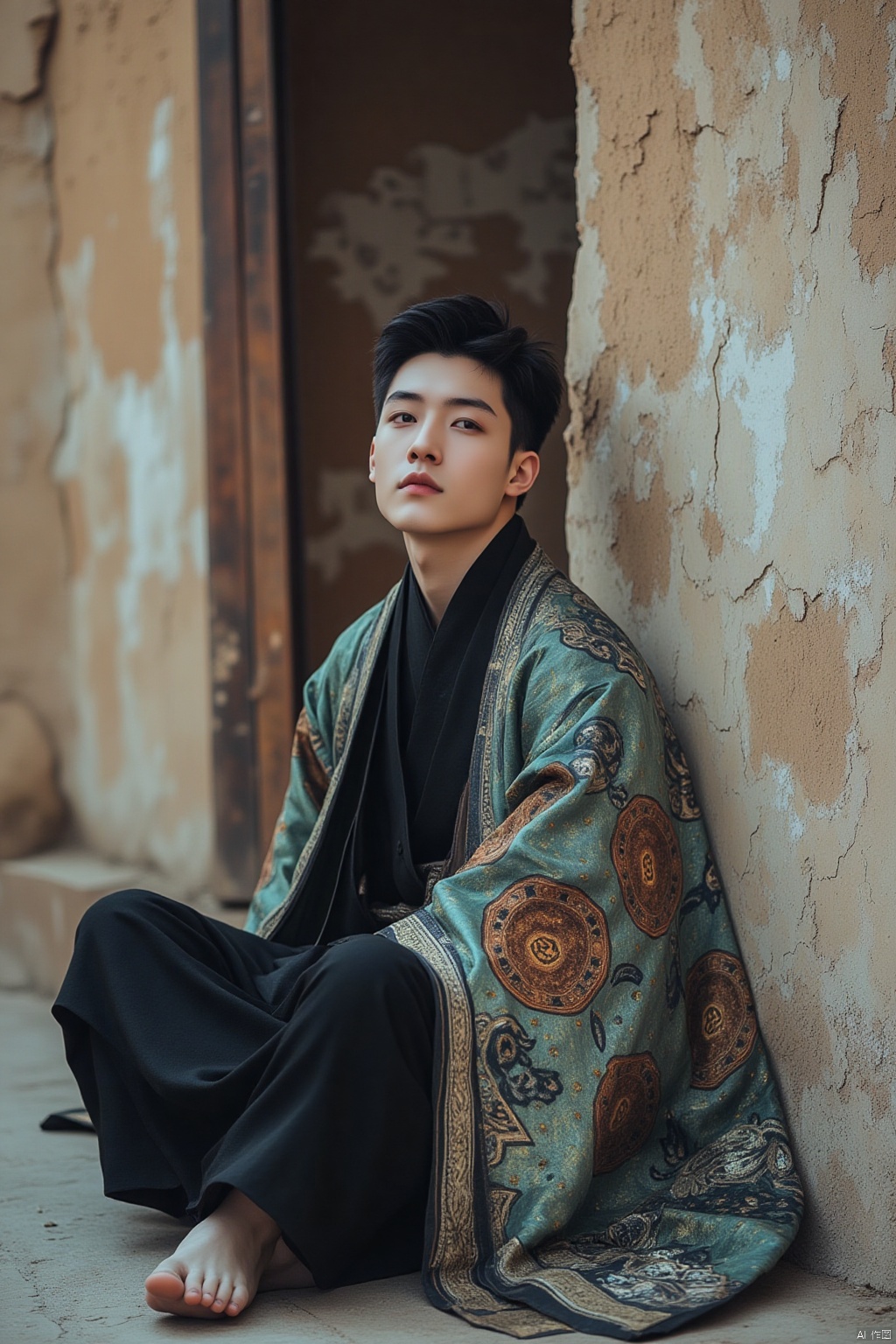 Chinoiserie outfit,a young Asian man,dressed in a black kimono,is seated against a cracked wall. His hair is short and dark,and his eyes are a piercing blue. His feet are bare