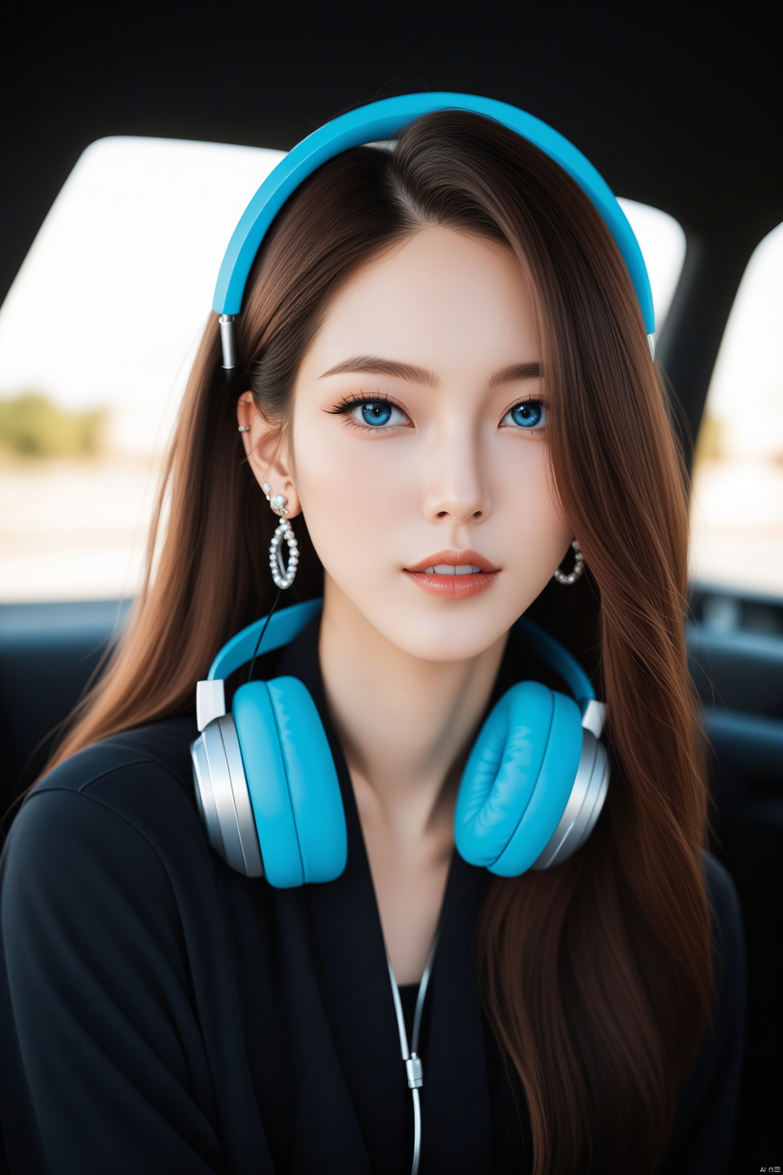 HD photography,depth of field, highly detailed, high contrast, film grain, 1girl, 1girl, solo, long hair, looking at viewer, blue eyes, brown hair, jewelry, upper body, earrings, parted lips, hair over one eye, headphones, piercing, ground vehicle, ear piercing, motor vehicle, headphones around neck