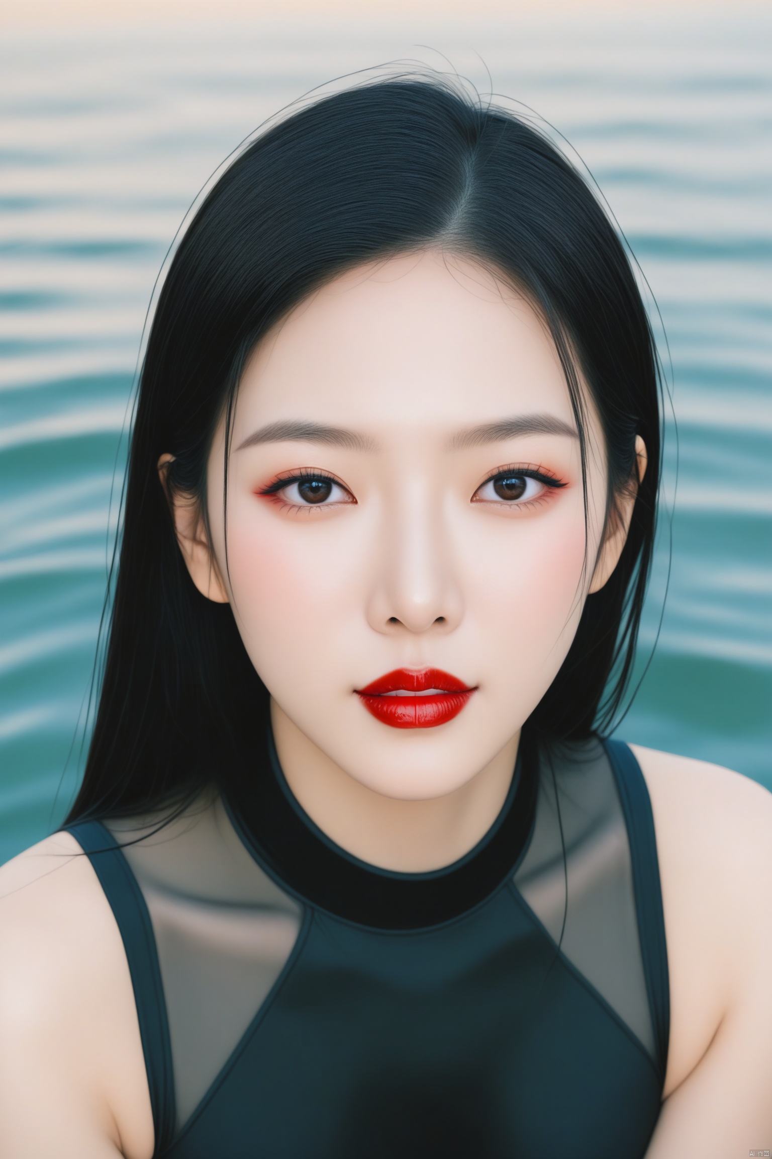 HD photography,1 Beautiful girl, face full of water, red lips, Asian, half body