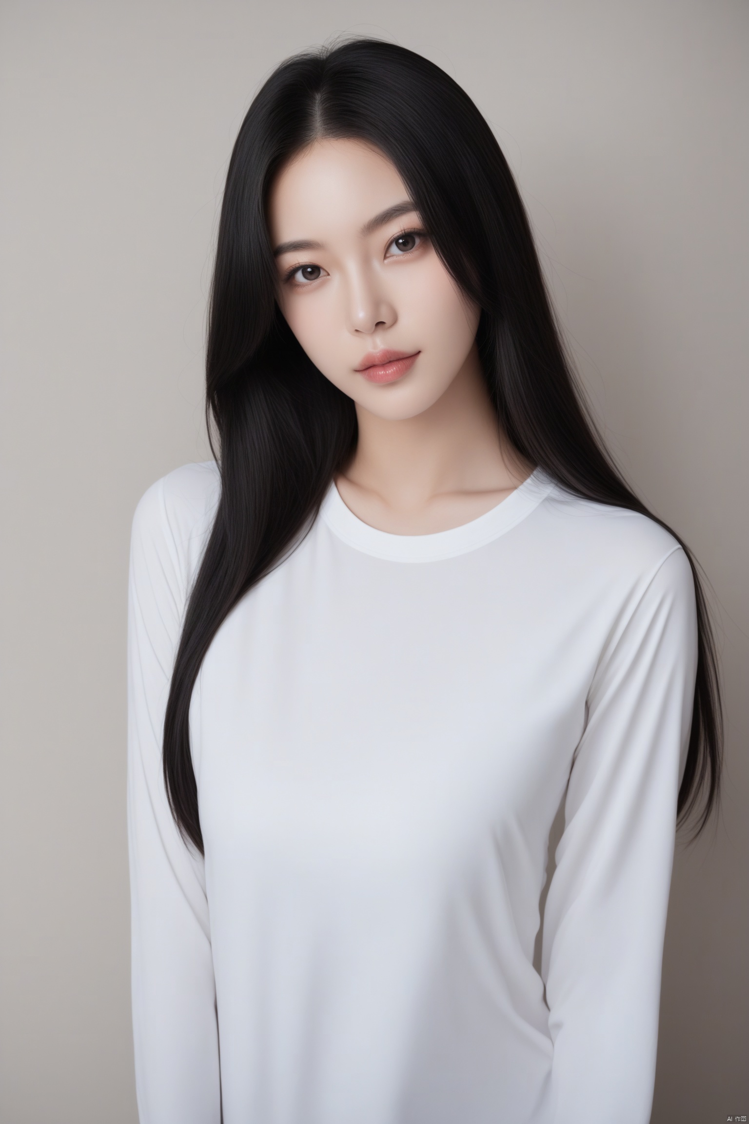 HD photography,1girl, black hair, lips , long hair, long sleeves , looking at viewer , realistic ,shirt, solo ,upper body ,white shirt ,