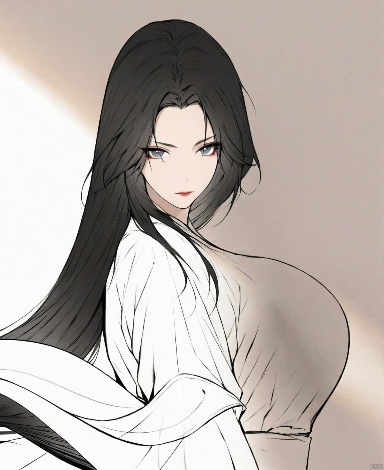 solo,highly detailed,(best quality),((masterpiece)),1girl,black hair,simple_background,long hair,white clothes,hanfu,looking_at_viewer,shouhui,upper body,big_breasts,ge