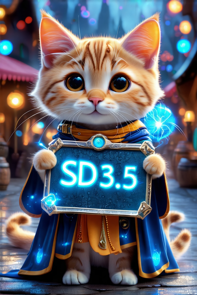 sorcerer Cat with a happy look, holding a metalic sign reading "SD3.5", Futuristic bzonze-colored, 3dkitten  Disney style