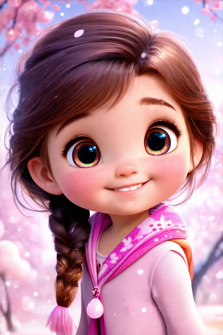 cute little Girl, kawai, big watery eyes, Happy face, looking at viewer, Which clothes, cartoon, wide shot, Disney style