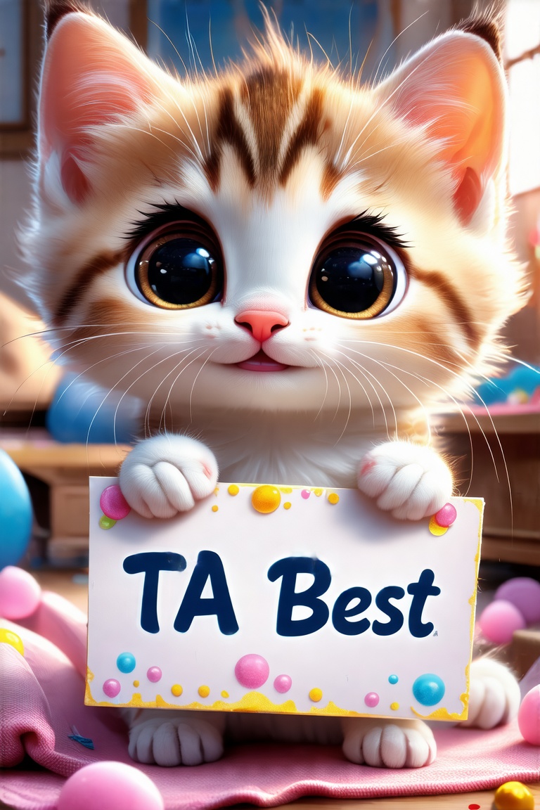 cute little kitten, kawai, big watery eyes, Happy face, looking at viewer, holding a sign that says: "TA Best", cartoon, wide shot, Disney style