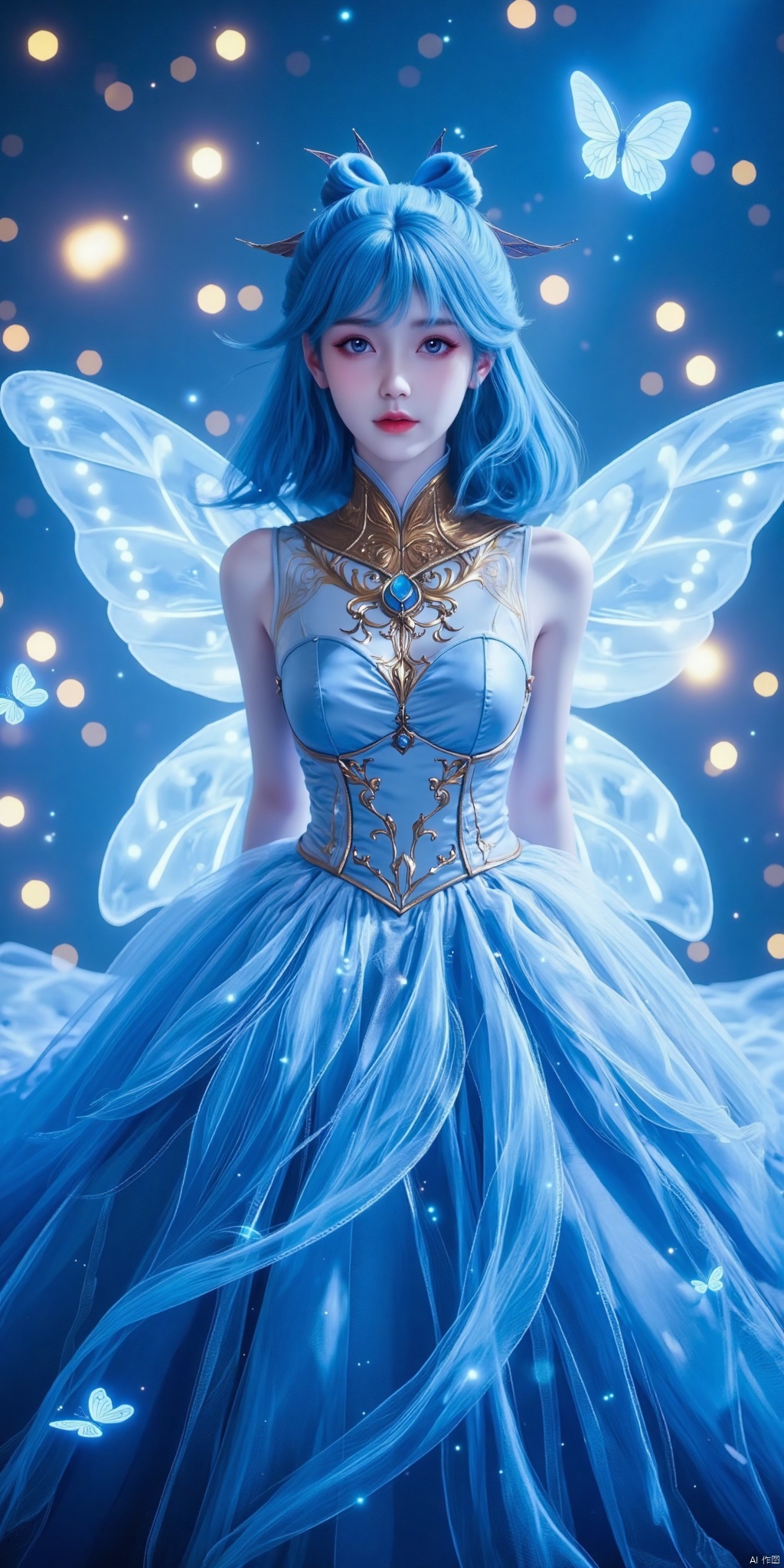 A girl in a gorgeous blue dress, with transparent butterfly wings behind her, surrounded by butterflies and luminous apertures, gorgeous blue dress, transparent butterfly wings, surrounded by butterflies, luminous apertures, dreamy atmosphere, female images, exquisite details, blue and white color schemes, romantic and fantasy themes.