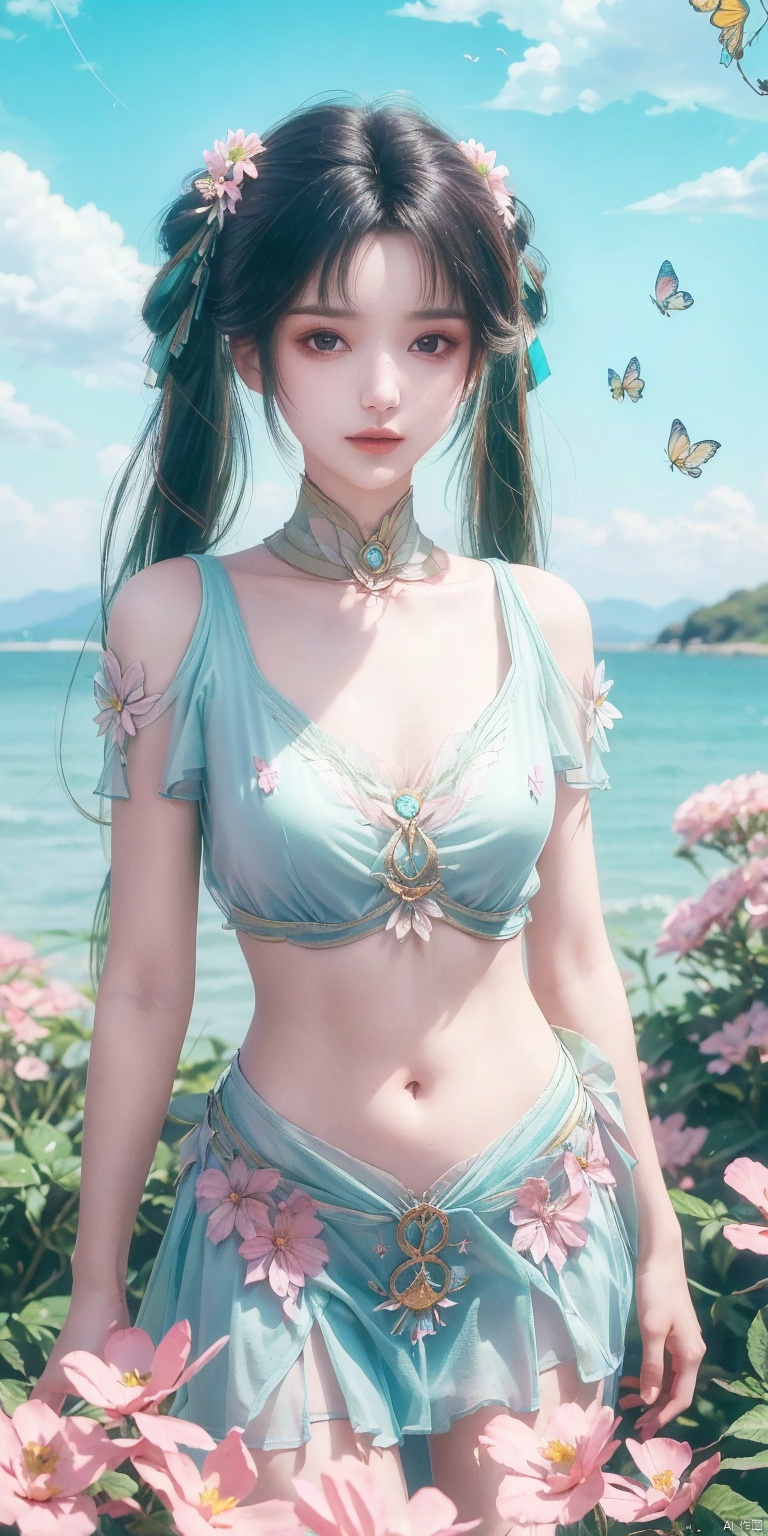 (masterpiece, best quality, ultra-detailed, highres, best illustration),1girl,solo,cowboy shot,looking_at_viewer,
side lighting,lustrous skin,(shine),(shiny skin, cetlic elements, norse heritage),ray tracing,wind swept hair,detailed hair,detailed face,depth_of_field,very detailed background,extreme light and shadow,(detailed eyes),perfect anatomy,,dynamic angle,1girl,((sea of pink flowers,with butterflies everywhere.,fluttering butterflies in the sky,colorful auspicious clouds,)),
Short top,ultra short skirt ,navel,biyao,twintails,hair ornament