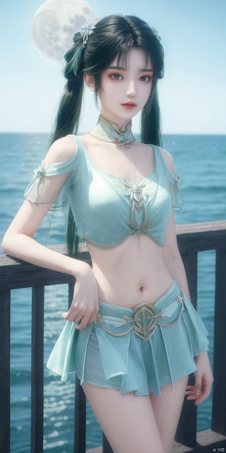 (masterpiece, best quality, ultra-detailed, highres, best illustration),1girl,solo,cowboy shot,looking_at_viewer,
side lighting,lustrous skin,(shine),(shiny skin, cetlic elements, norse heritage),ray tracing,wind swept hair,detailed hair,detailed face,depth_of_field,very detailed background,extreme light and shadow,(detailed eyes),perfect anatomy,,dynamic angle,1girl,((Sea, full moon,)),
Short top,ultra short skirt ,navel,,biyao,twintails,hair ornament