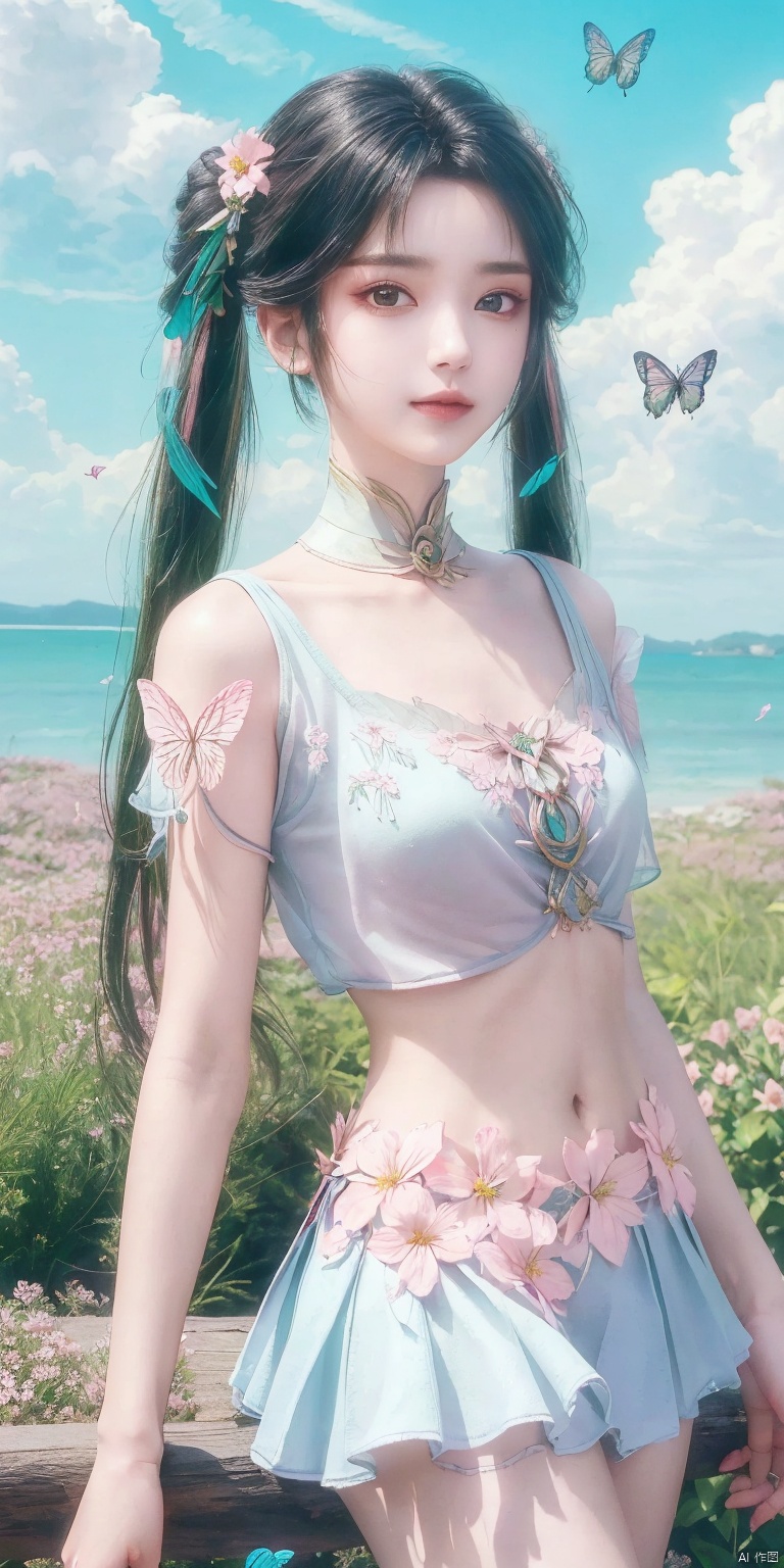 (masterpiece, best quality, ultra-detailed, highres, best illustration),1girl,solo,cowboy shot,looking_at_viewer,
side lighting,lustrous skin,(shine),(shiny skin, cetlic elements, norse heritage),ray tracing,wind swept hair,detailed hair,detailed face,depth_of_field,very detailed background,extreme light and shadow,(detailed eyes),perfect anatomy,,dynamic angle,1girl,((sea of pink flowers,with butterflies everywhere.,fluttering butterflies in the sky,colorful auspicious clouds,)),
Short top,ultra short skirt ,navel,biyao,twintails,hair ornament