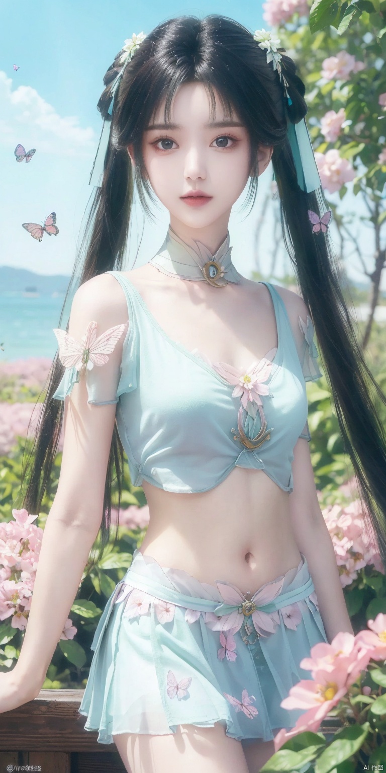 (masterpiece, best quality, ultra-detailed, highres, best illustration),1girl,solo,cowboy shot,looking_at_viewer,
side lighting,lustrous skin,(shine),(shiny skin, cetlic elements, norse heritage),ray tracing,wind swept hair,detailed hair,detailed face,depth_of_field,very detailed background,extreme light and shadow,(detailed eyes),perfect anatomy,,dynamic angle,1girl,((sea of pink flowers,with butterflies everywhere.,fluttering butterflies in the sky,colorful auspicious clouds,)),
Short top,ultra short skirt ,navel,biyao,twintails,hair ornament