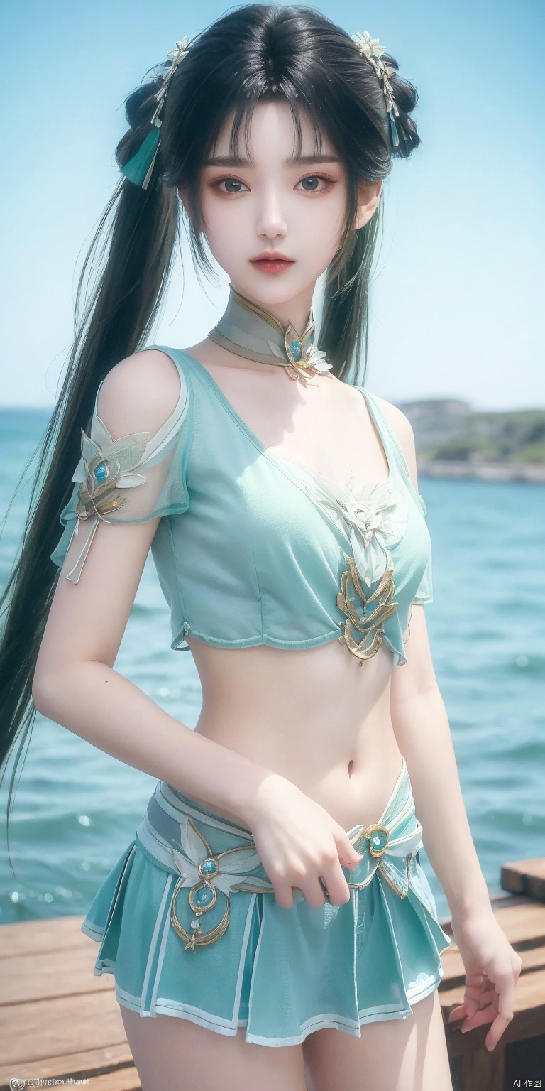 (masterpiece, best quality, ultra-detailed, highres, best illustration),1girl,solo,cowboy shot,looking_at_viewer,
side lighting,lustrous skin,(shine),(shiny skin, cetlic elements, norse heritage),ray tracing,wind swept hair,detailed hair,detailed face,depth_of_field,very detailed background,extreme light and shadow,(detailed eyes),perfect anatomy,,dynamic angle,1girl,((Sea, full moon,)),
Short top,ultra short skirt ,navel,,biyao,twintails,hair ornament