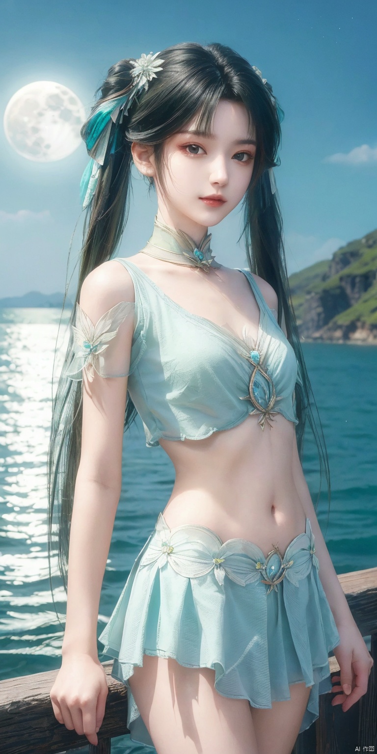 (masterpiece, best quality, ultra-detailed, highres, best illustration),1girl,solo,cowboy shot,looking_at_viewer,
side lighting,lustrous skin,(shine),(shiny skin, cetlic elements, norse heritage),ray tracing,wind swept hair,detailed hair,detailed face,depth_of_field,very detailed background,extreme light and shadow,(detailed eyes),perfect anatomy,,dynamic angle,1girl,((Sea, full moon,)),
Short top,ultra short skirt ,navel,,biyao,twintails,hair ornament