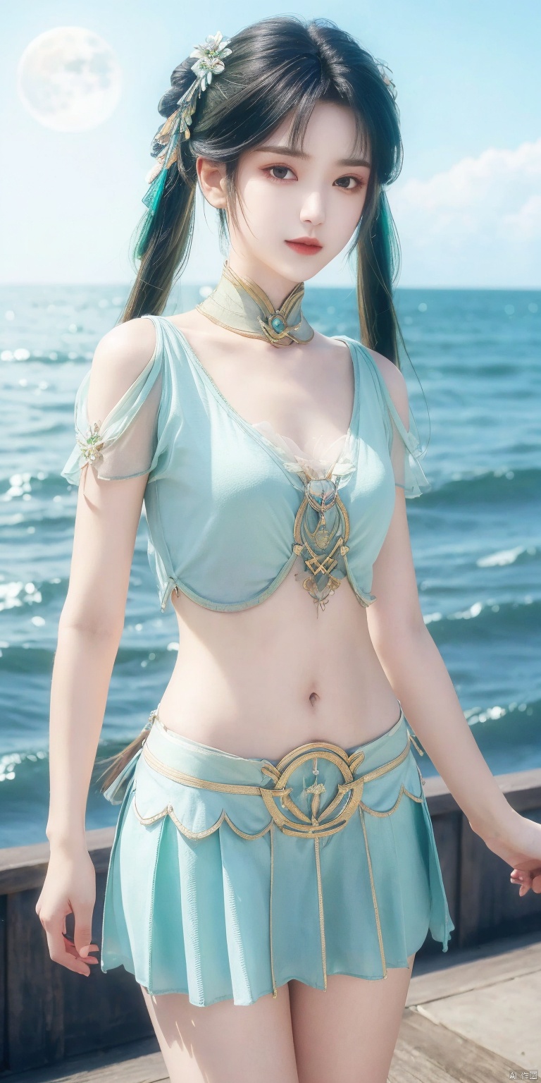 (masterpiece, best quality, ultra-detailed, highres, best illustration),1girl,solo,cowboy shot,looking_at_viewer,
side lighting,lustrous skin,(shine),(shiny skin, cetlic elements, norse heritage),ray tracing,wind swept hair,detailed hair,detailed face,depth_of_field,very detailed background,extreme light and shadow,(detailed eyes),perfect anatomy,,dynamic angle,1girl,((Sea, full moon,)),
Short top,ultra short skirt ,navel,,biyao,twintails,hair ornament