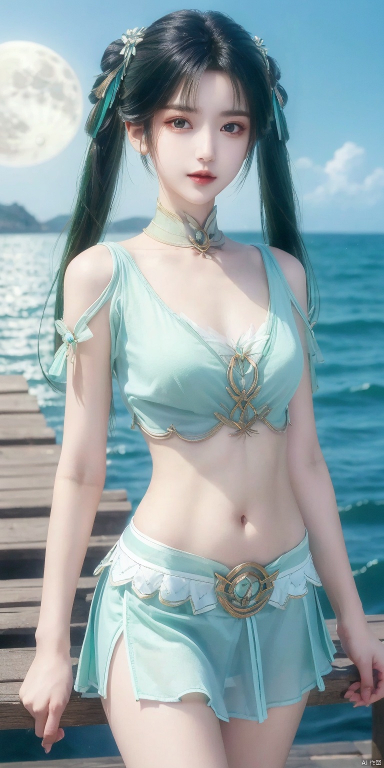 (masterpiece, best quality, ultra-detailed, highres, best illustration),1girl,solo,cowboy shot,looking_at_viewer,
side lighting,lustrous skin,(shine),(shiny skin, cetlic elements, norse heritage),ray tracing,wind swept hair,detailed hair,detailed face,depth_of_field,very detailed background,extreme light and shadow,(detailed eyes),perfect anatomy,,dynamic angle,1girl,((Sea, full moon,)),
Short top,ultra short skirt ,navel,,biyao,twintails,hair ornament