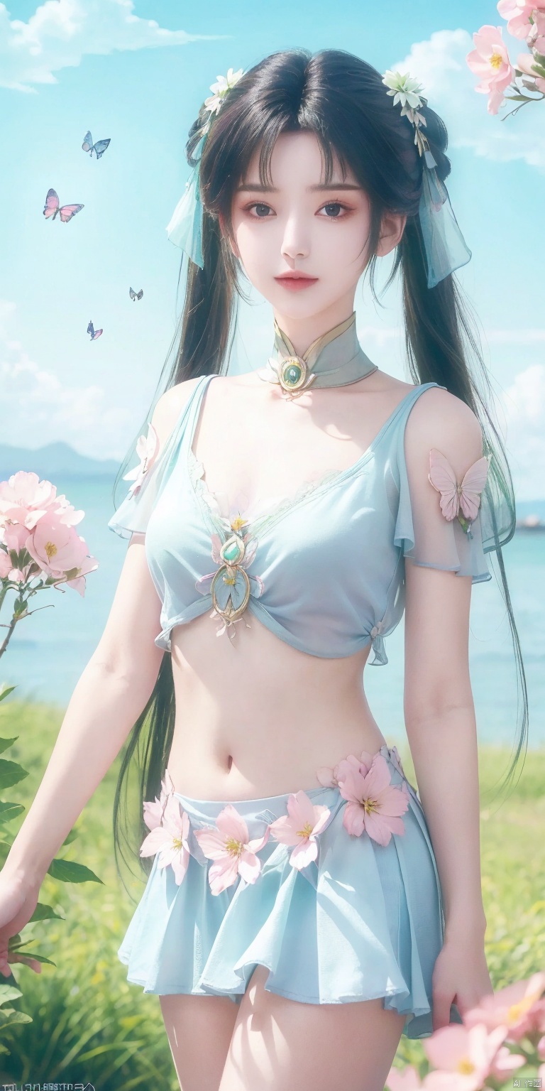(masterpiece, best quality, ultra-detailed, highres, best illustration),1girl,solo,cowboy shot,looking_at_viewer,
side lighting,lustrous skin,(shine),(shiny skin, cetlic elements, norse heritage),ray tracing,wind swept hair,detailed hair,detailed face,depth_of_field,very detailed background,extreme light and shadow,(detailed eyes),perfect anatomy,,dynamic angle,1girl,((sea of pink flowers,with butterflies everywhere.,fluttering butterflies in the sky,colorful auspicious clouds,)),
Short top,ultra short skirt ,navel,biyao,twintails,hair ornament