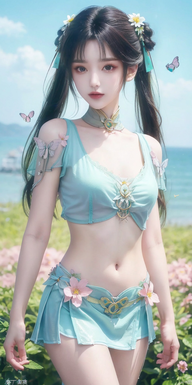 (masterpiece, best quality, ultra-detailed, highres, best illustration),1girl,solo,cowboy shot,looking_at_viewer,
side lighting,lustrous skin,(shine),(shiny skin, cetlic elements, norse heritage),ray tracing,wind swept hair,detailed hair,detailed face,depth_of_field,very detailed background,extreme light and shadow,(detailed eyes),perfect anatomy,,dynamic angle,1girl,((sea of pink flowers,with butterflies everywhere.,fluttering butterflies in the sky,colorful auspicious clouds,)),
Short top,ultra short skirt ,navel,biyao,twintails,hair ornament