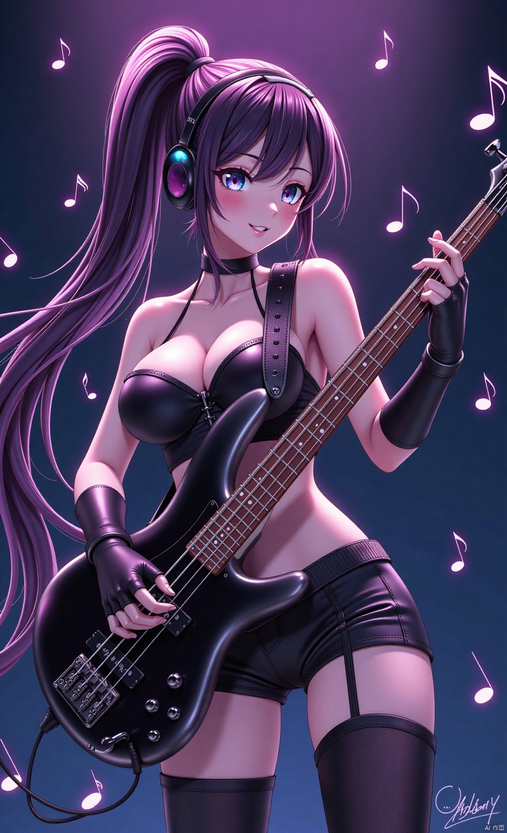 (00s anime digital art:1.2): A mesmerizing bassist playing her bass guitar, her long, streaked ponytail hair cascading down her back like a waterfall as she lost herself in music. Her toned physique, and big breasts accentuated by leather corset and shorts, thighboots,belts, and elbow gloves, shone under fluorescent lighting. Her lovesick gaze sparkled through beautiful eyes, framed by cyberpunk style headphones wrapped around her ears. In a dynamic pose, she gripped her bass, surrounded by swirling musical notes that seemed to pulse with the rhythm of her performance.dynamic angle view.