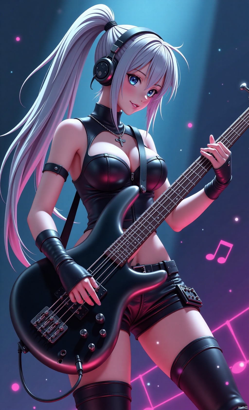 : A mesmerizing bassist playing her bass guitar,  her long,  streaked ponytail hair cascading down her back like a waterfa...