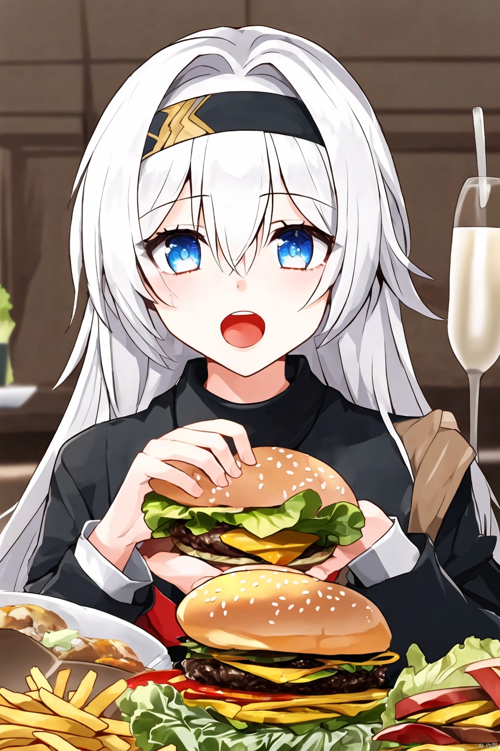 1girl, solo, long hair, looking at viewer, open mouth, bangs, blue eyes, hair ornament, long sleeves, holding, hair between eyes, white shirt, white hair, hairband, food, indoors, english text, headband, table, holding food, black hairband, burger, french fries, lettuce,ly
