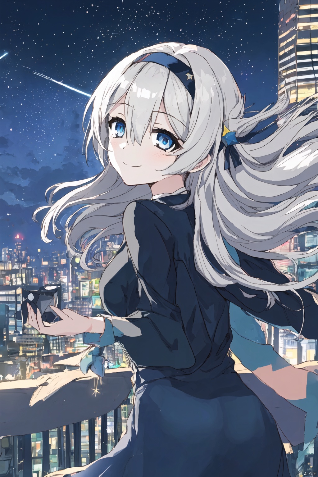 1girl, solo, long hair, looking at viewer, smile, bangs, blue eyes, hair ornament, long sleeves, dress, hair between eyes, closed mouth, white hair, hairband, outdoors, sky, looking back, night, floating hair, star \(sky\), night sky, starry sky, city, cityscape, shooting star, city lights,ly,qfl,colorful
