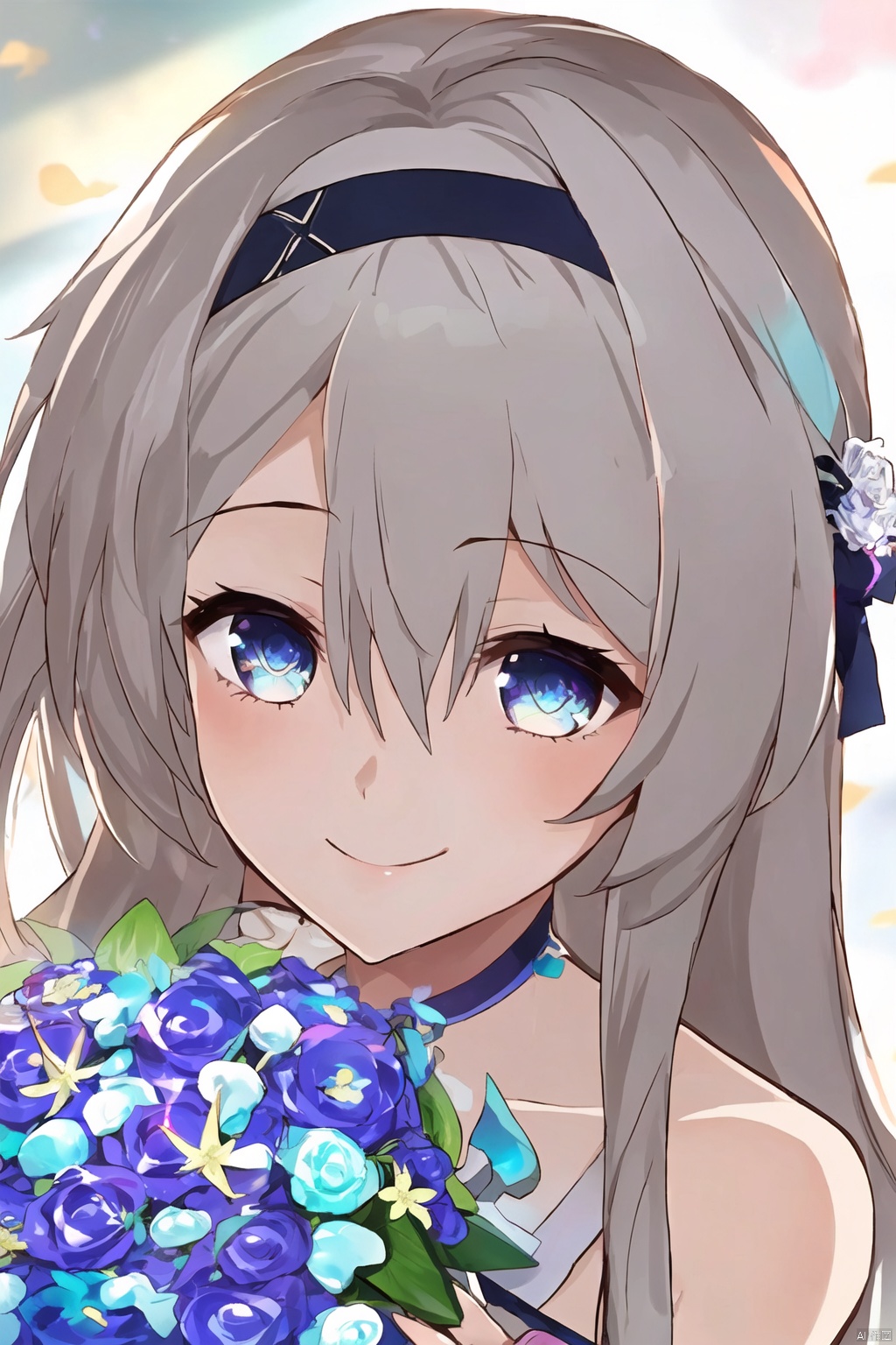 1girl, solo, long hair, looking at viewer, smile, bangs, blue eyes, hair ornament, holding, hair between eyes, closed mouth, flower, white hair, grey hair, hairband, headband, bouquet, holding bouquet,ly