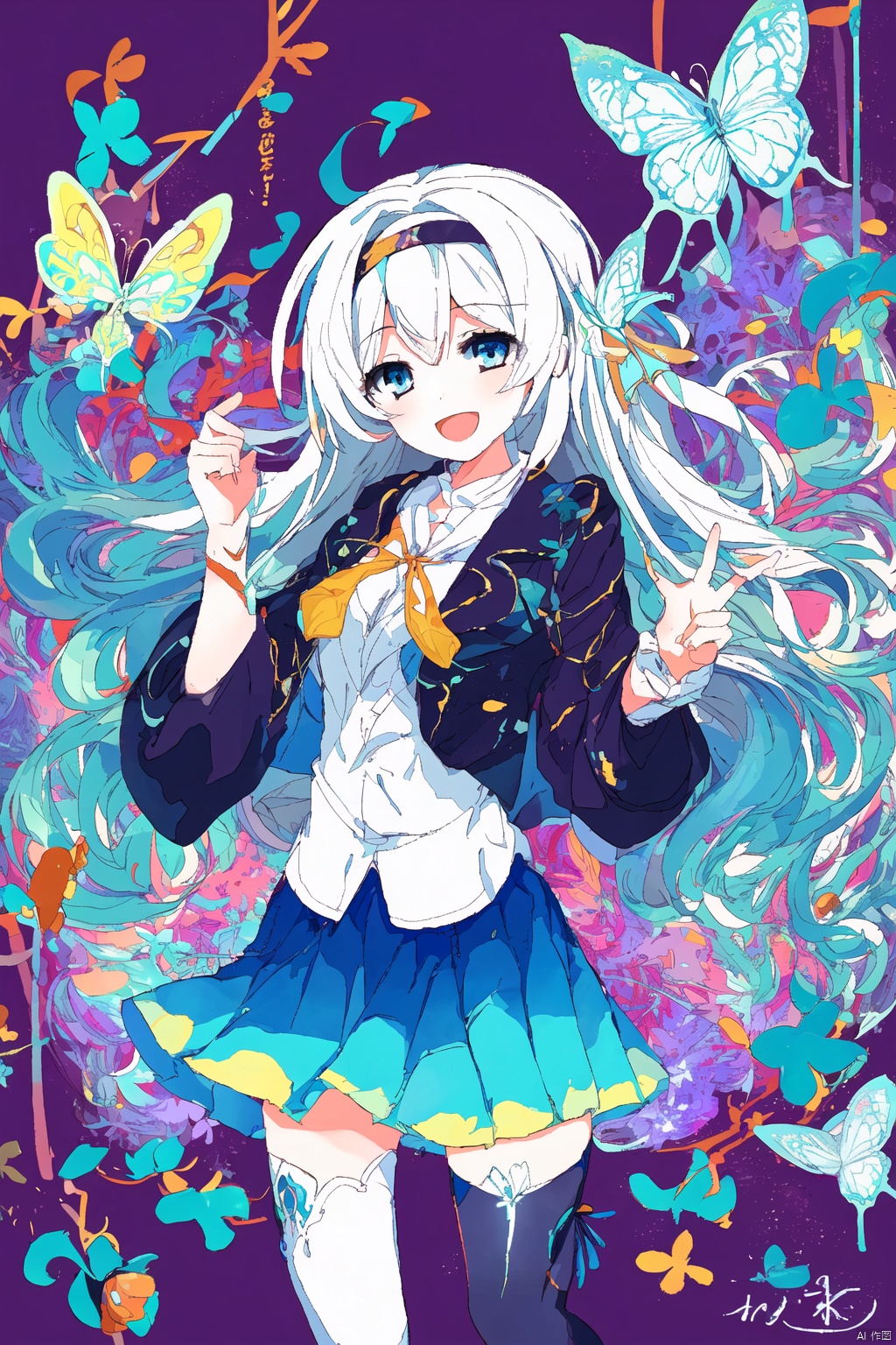1girl, solo, long hair, smile, open mouth, bangs, blue eyes, skirt, thighhighs, ribbon, weapon, white hair, hairband, bug, butterfly,ly,qfl,colorful