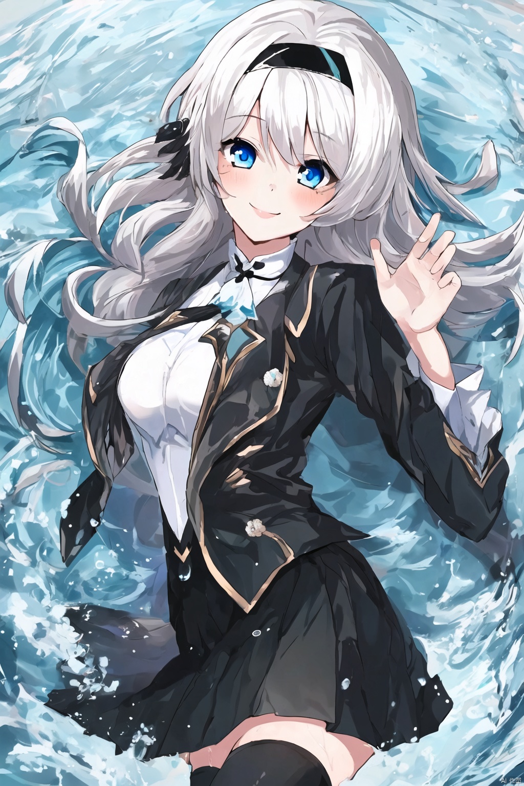 1girl, solo, long hair, breasts, looking at viewer, smile, bangs, blue eyes, skirt, thighhighs, white hair, hairband, black thighhighs, water, black hairband,ly