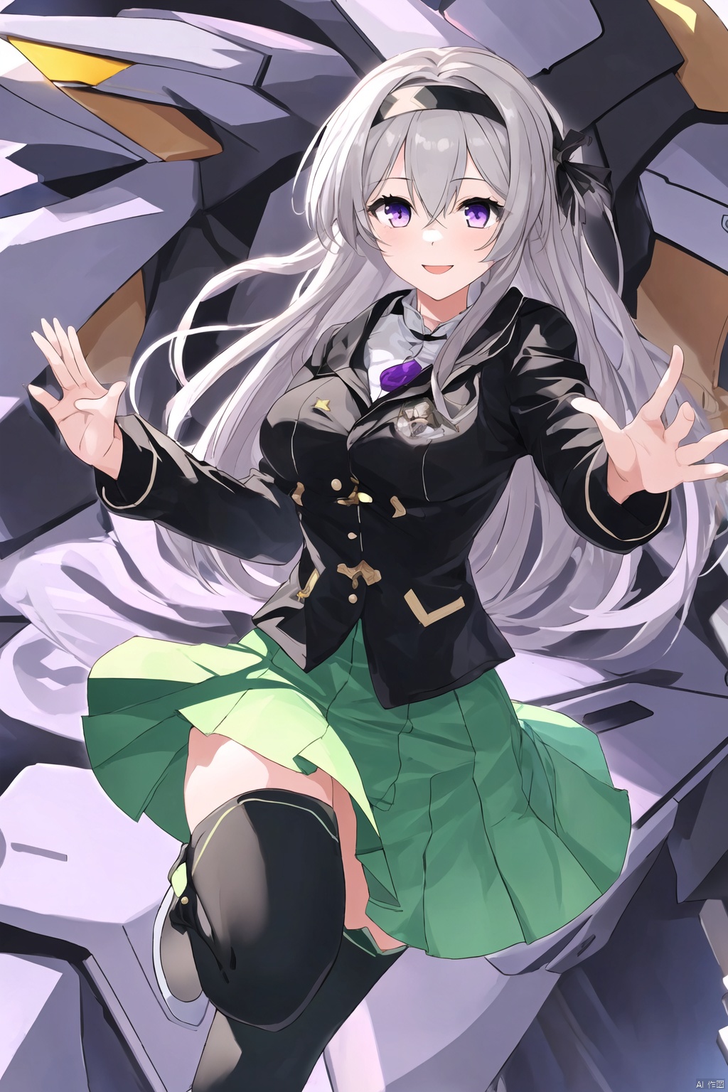 1girl, solo, long hair, breasts, looking at viewer, smile, bangs, blue eyes, skirt, thighhighs, hair between eyes, medium breasts, purple eyes, jacket, grey hair, hairband, boots, black jacket, white footwear, black hairband, robot, green skirt, mecha, open hand, open hands,ly
