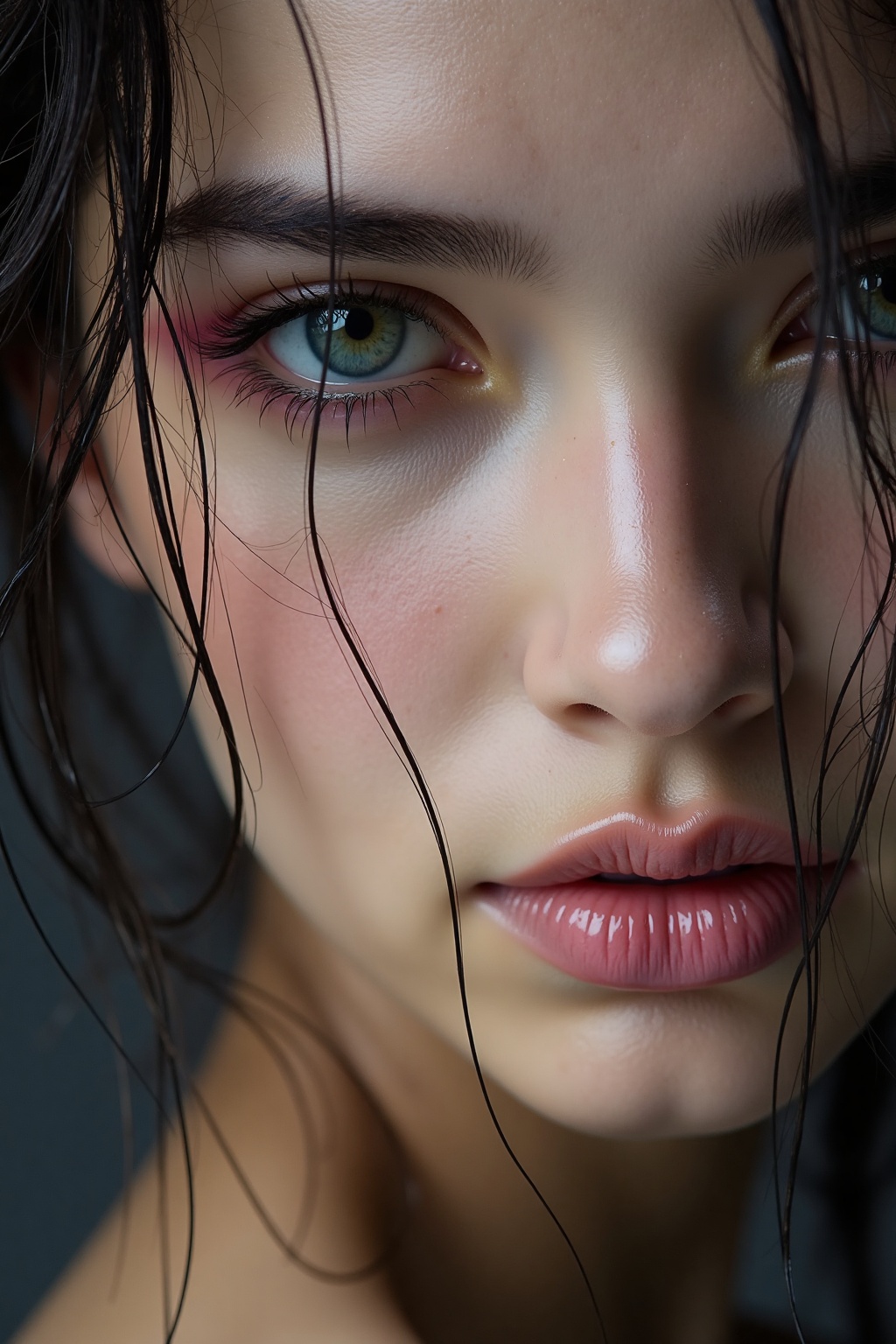 A close-up portrait of a person with wet hair partially covering their face. The individual has striking green eyes with p...