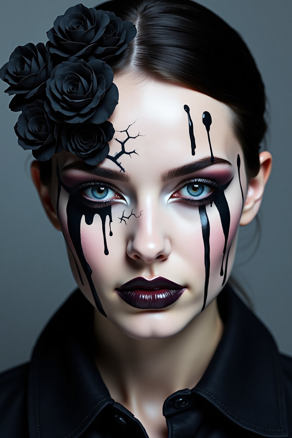 A stylized portrait of a woman with striking blue eyes. Her face is divided symmetrically: the left side features black ro...