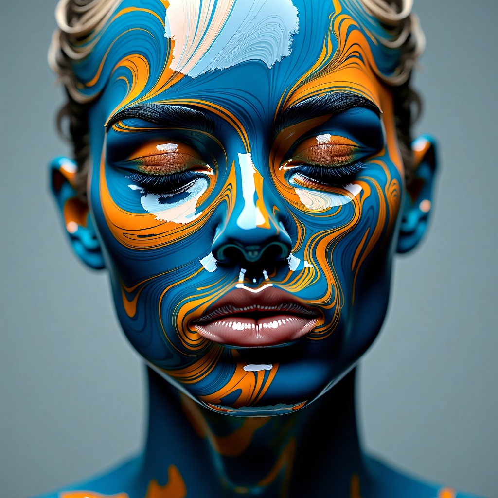 A surreal image of a human face covered with swirling patterns of blue and orange paint. The person's eyes are closed,  an...
