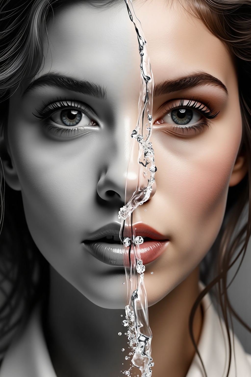 A striking artistic image depicting a woman's face,  divided vertically. The left side is in black and white,  while the r...