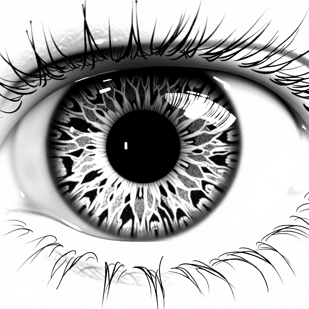A hyper-realistic black and white drawing of a human eye. The artwork captures intricate details of the iris,  showcasing...