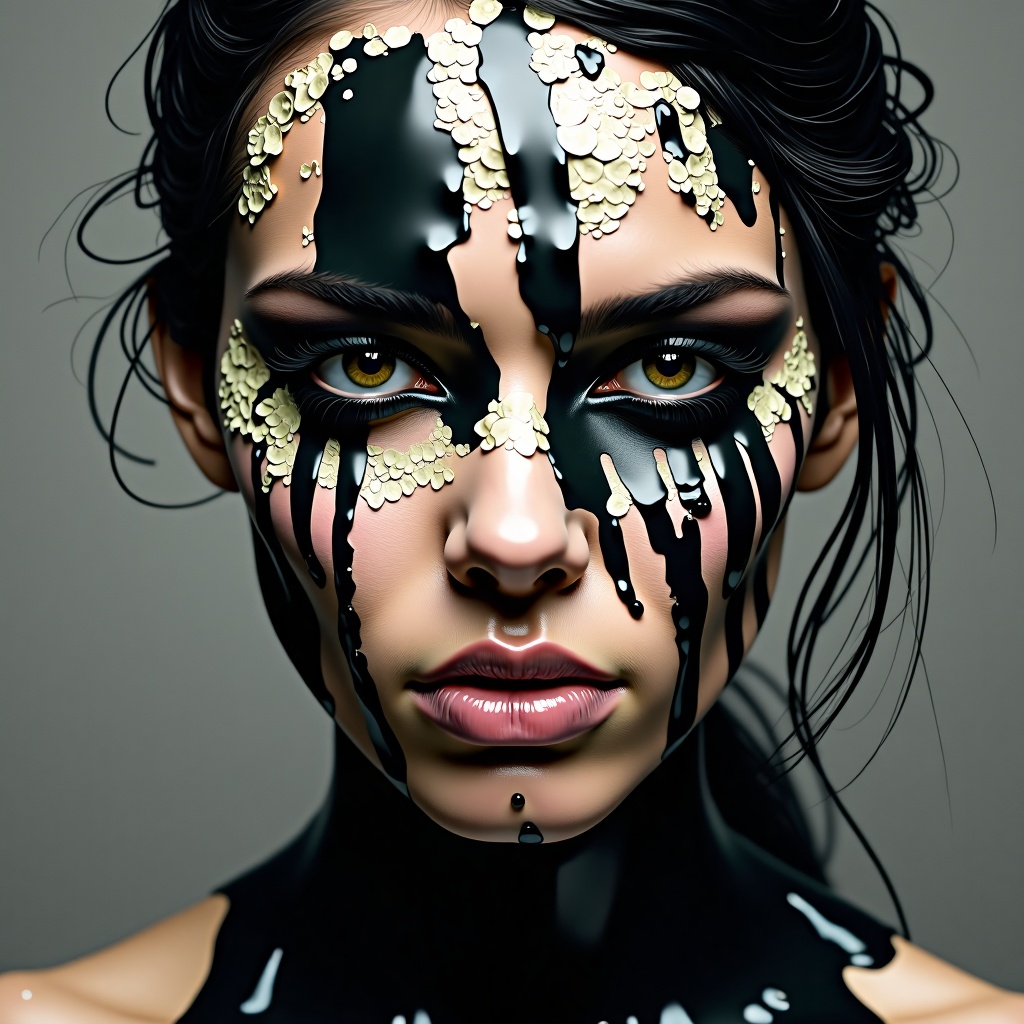 A striking digital artwork of a female face partially covered in black and beige textured paint. The paint appears to be d...