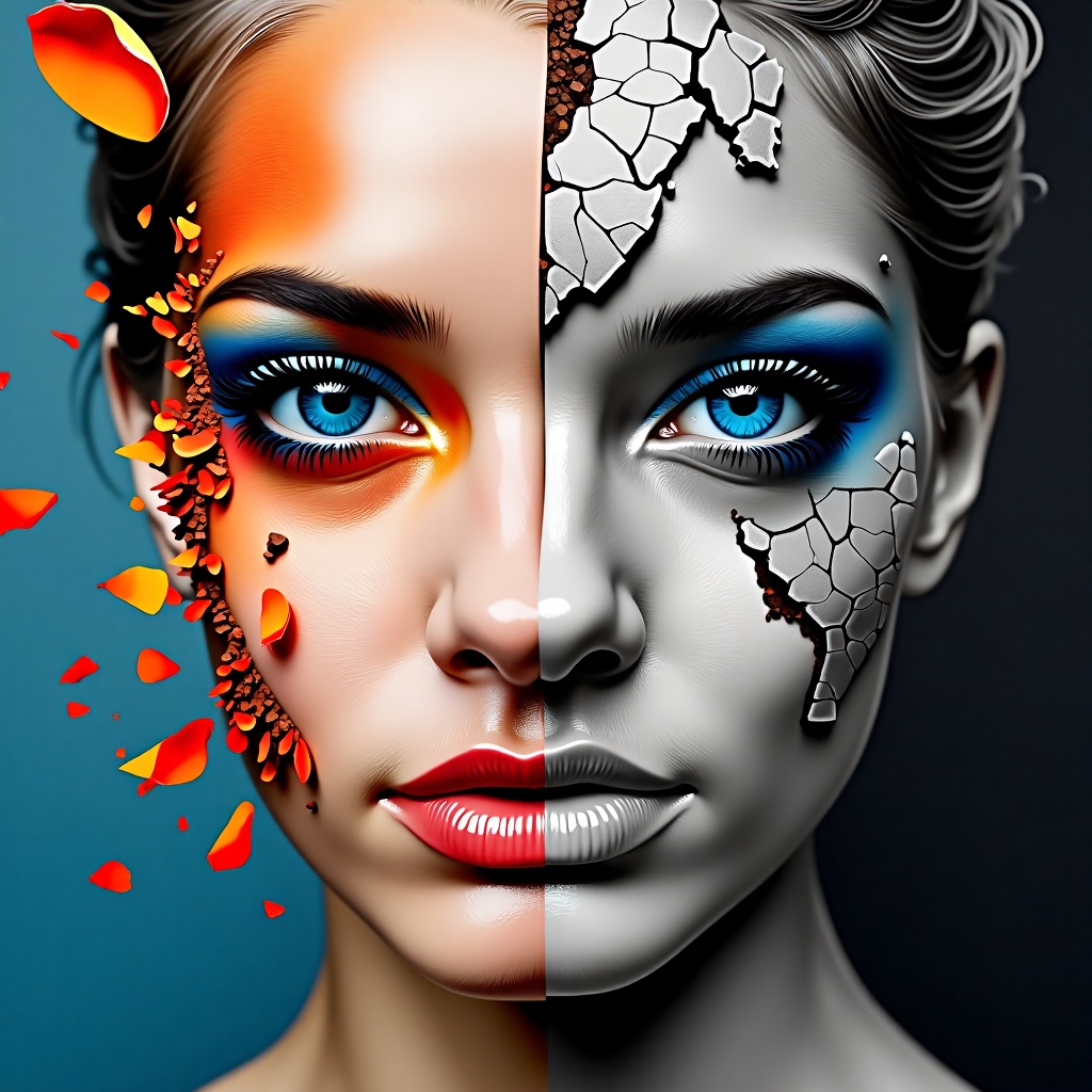 A digitally manipulated image of a woman's face split into two contrasting halves. The left side is in color,  featuring v...