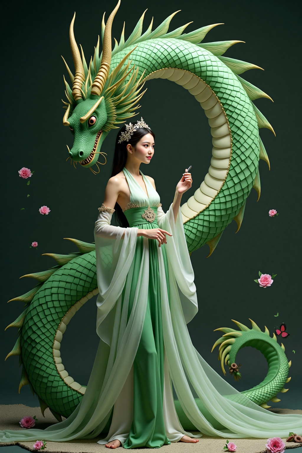 A serene scene where a woman,  adorned in a traditional green and white dress,  stands gracefully beside a majestic green...